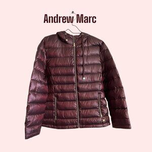 Andrew Marc Women’s XXL Burgundy Down Puffer Jacket Gold Zippers Packable NWT